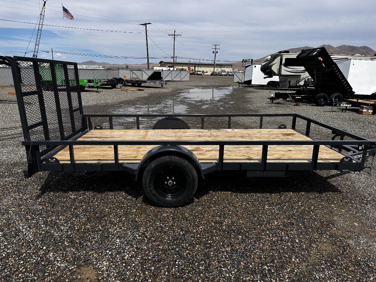 2026 Iron Bull UTB8314031ES0G05GRY New utility trailer, 14'X83", 7,000 lb GVWR, for sale at The Trailer Store in Winnemucca, Nevada (I-80), stock #IB-16110 — hitch and tongue detail
