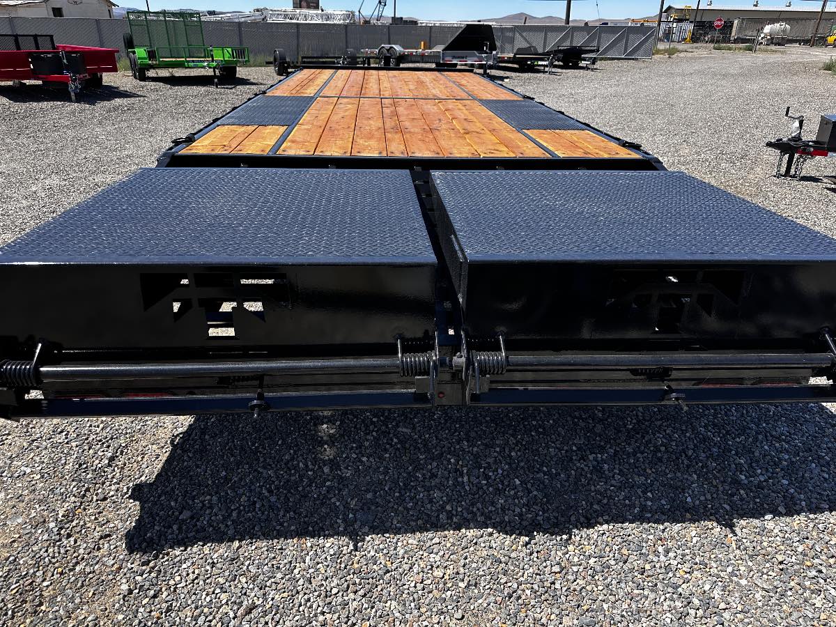 2026 Teton 20+5 DECKOVER New equipment / flatbed trailer, 102X20, 16,000 lb GVWR, for sale at The Trailer Store in Winnemucca, Nevada (I-80), stock #TTS-F400159 — rear and ramp view