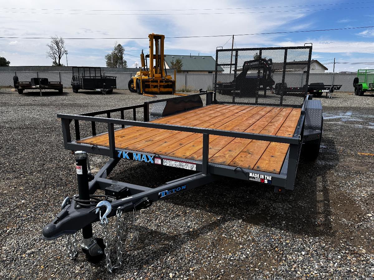 2026 Teton 82X14 UTILITY New utility trailer, 82X14', 7,000 lb GVWR, for sale at The Trailer Store in Winnemucca, Nevada (I-80), stock #TTS-F400781 — rear and ramp view
