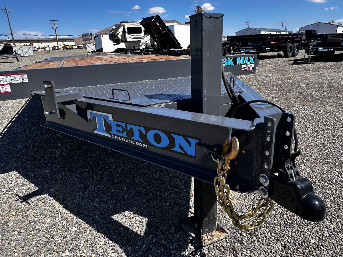 2026 Teton 20+5 DECKOVER New equipment / flatbed trailer, 102X25, 16,000 lb GVWR, for sale at The Trailer Store in Winnemucca, Nevada (I-80), stock #TTS-F400161 — hitch and tongue detail