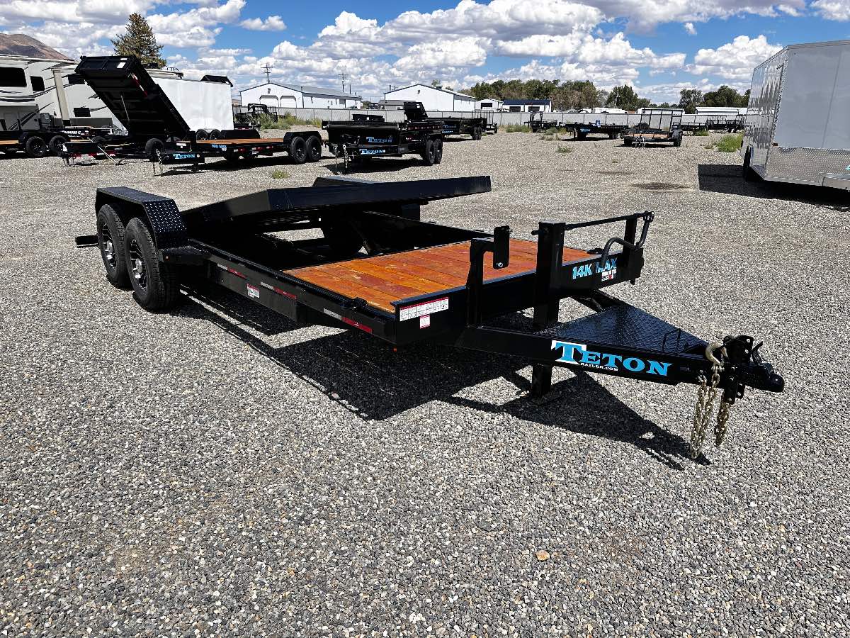 2026 Teton 20' (16+4’) Tilt New tilt deck trailer, 20', 14,000 lb GVWR, for sale at The Trailer Store in Winnemucca, Nevada (I-80), stock #TTS-F400329 — hitch and tongue detail
