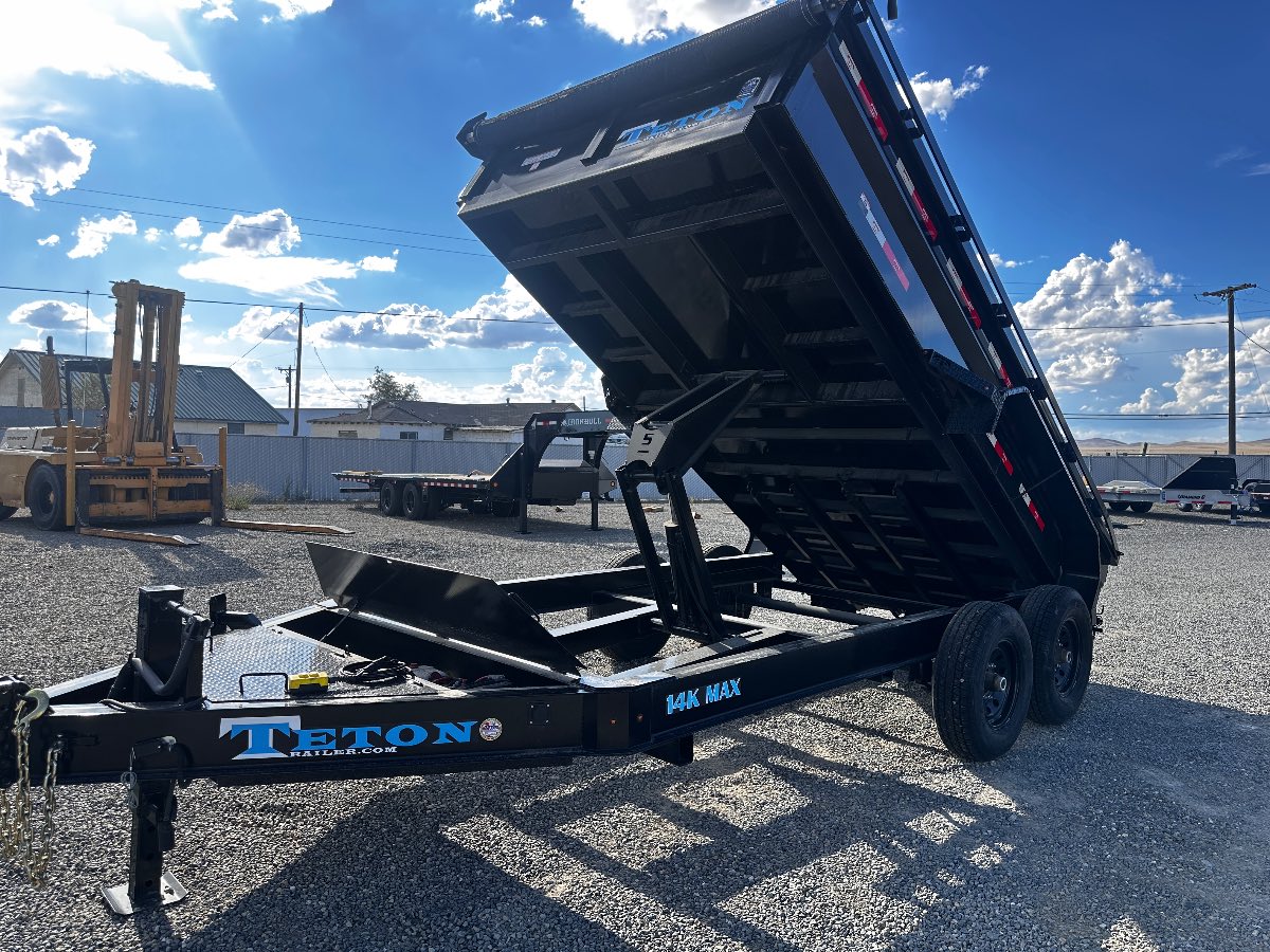2025 Teton 14' DUMP New dump trailer, 82X14, 14,000 lb GVWR, for sale at The Trailer Store in Winnemucca, Nevada (I-80), stock #TTS-F400458 — axles and undercarriage