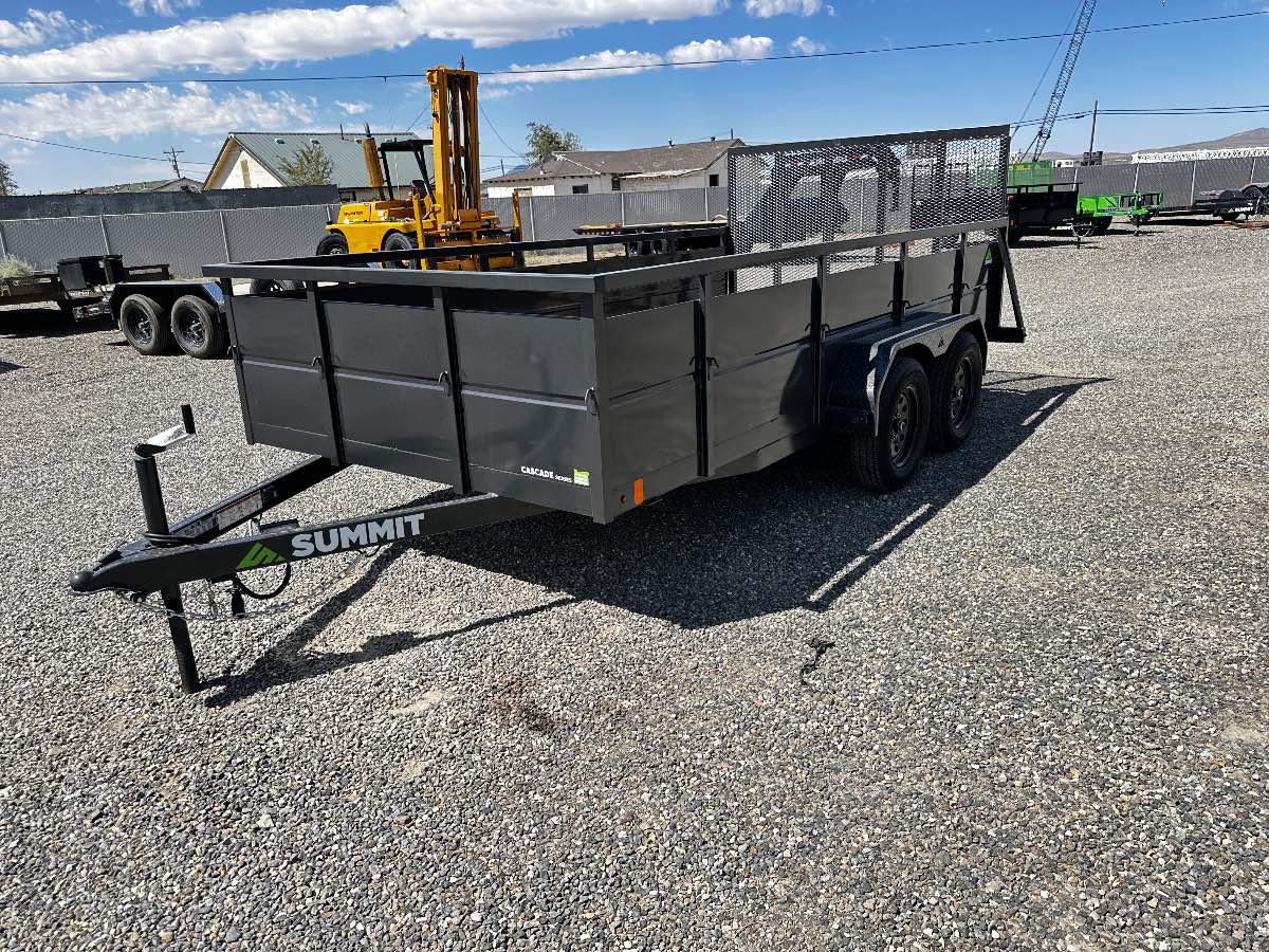 2027 Summit Trailers Cascade 7x14 Utility New utility trailer, 14'x82", 7,000 lb GVWR, for sale at The Trailer Store in Winnemucca, Nevada (I-80), stock #TTS-V1020347 — rear and ramp view