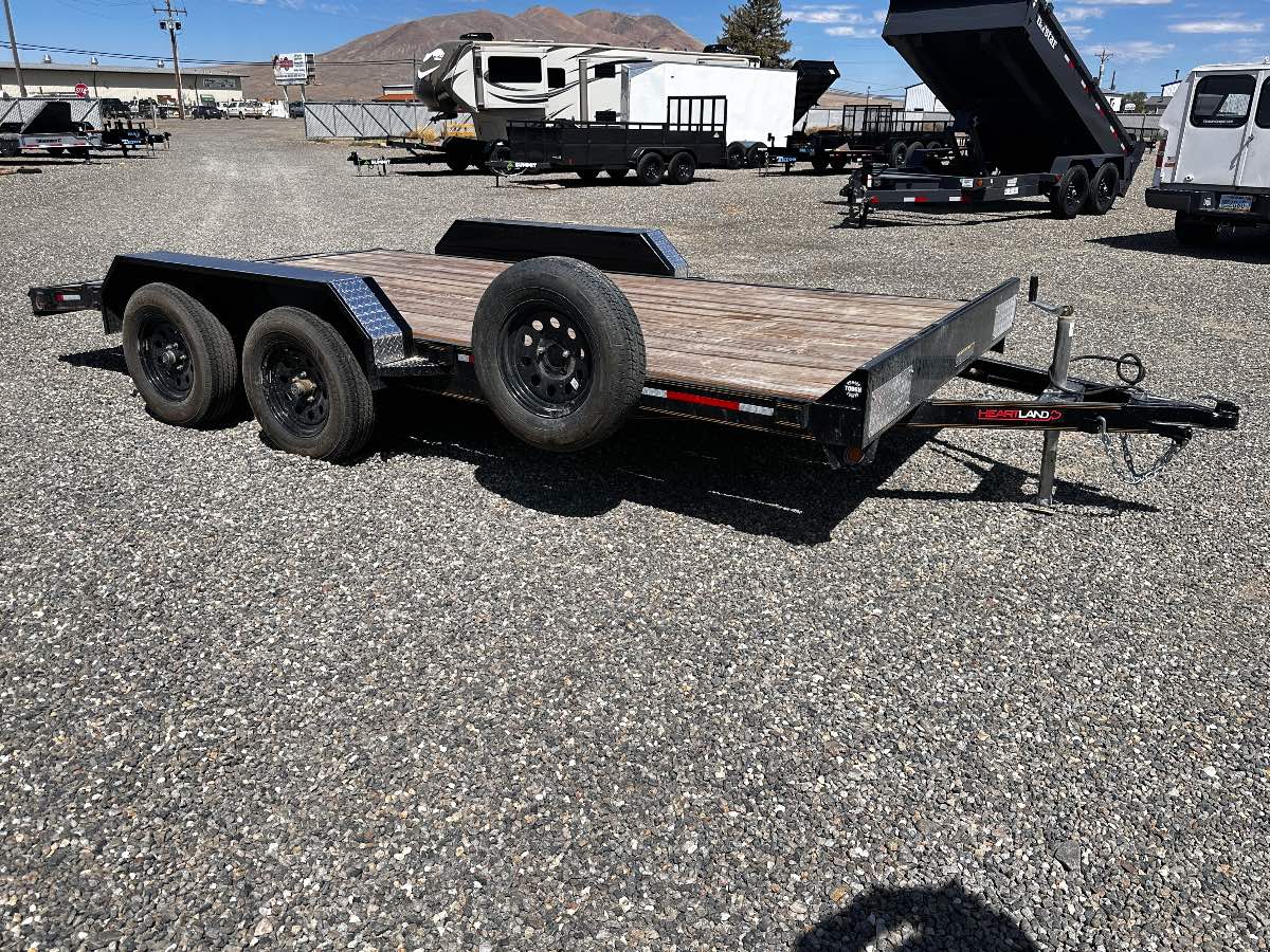 2026 HEARTLAND 16' CAR HAULER Used equipment / flatbed trailer, 16'X82", 7,000 lb GVWR, for sale at The Trailer Store in Winnemucca, Nevada (I-80), stock #TTS-M080268 — hitch and tongue detail
