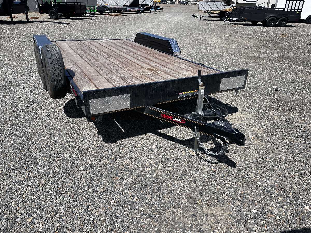2026 HEARTLAND 16' CAR HAULER Used equipment / flatbed trailer, 16'X82", 7,000 lb GVWR, for sale at The Trailer Store in Winnemucca, Nevada (I-80), stock #TTS-M080268 — rear and ramp view