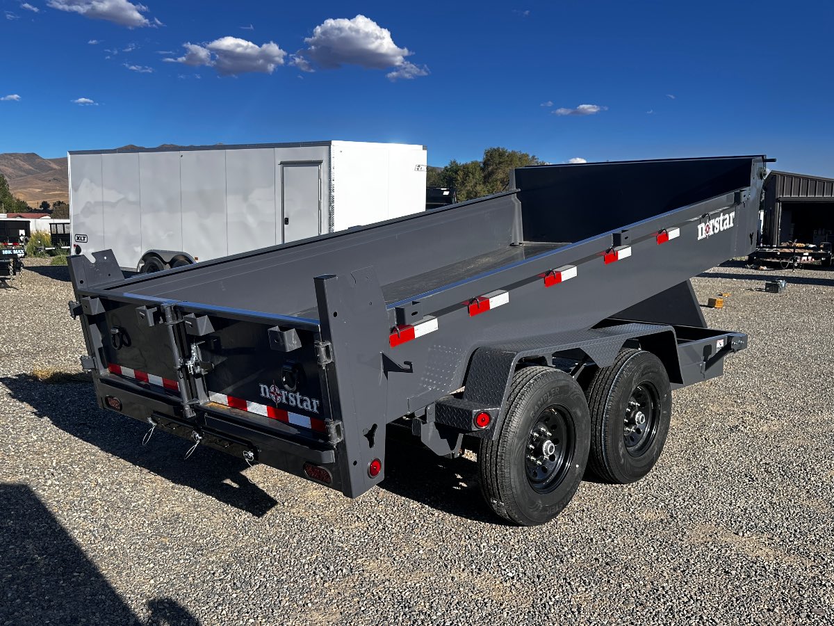 2026 Norstar 14k 14' Dump New dump trailer, 14x82", 14,000 lb GVWR, for sale at The Trailer Store in Winnemucca, Nevada (I-80), stock #TTS-116553 — hitch and tongue detail