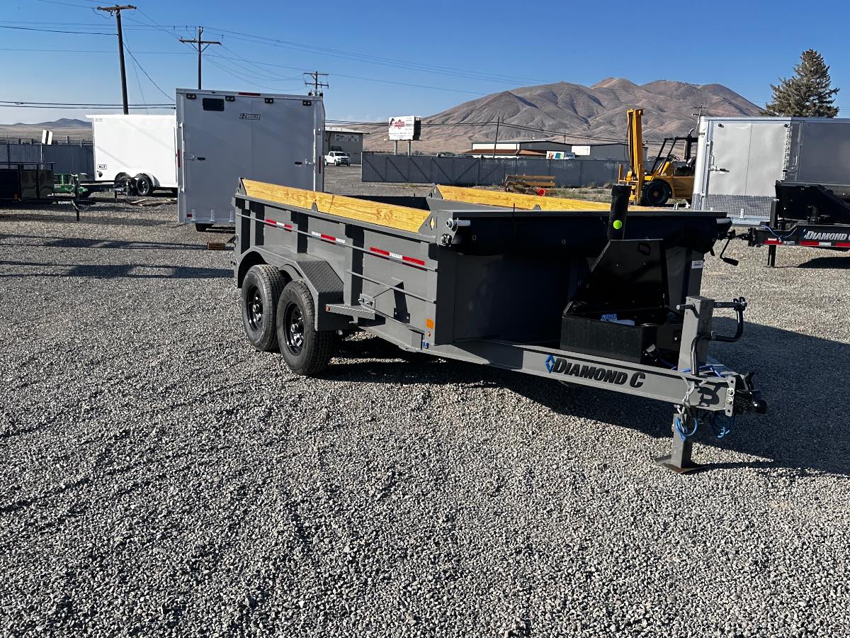2027 Diamond C 77"x12'  Pacesetter Dump New dump trailer, 12'x77, 9,890 lb GVWR, for sale at The Trailer Store in Winnemucca, Nevada (I-80), stock #TTS-317785 — rear and ramp view